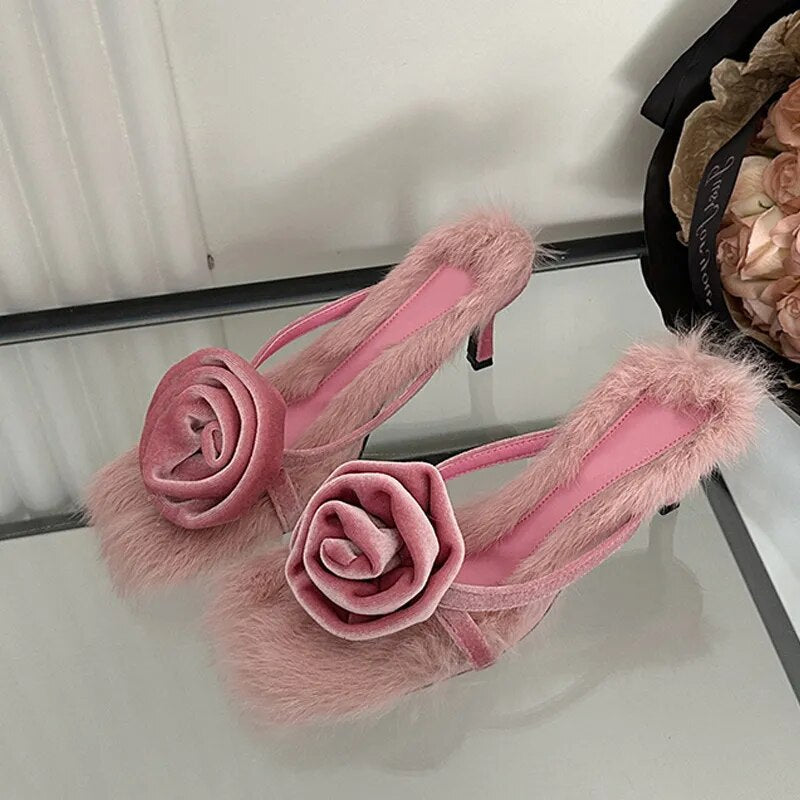 Liekki Velvet Rose Furry Pumps