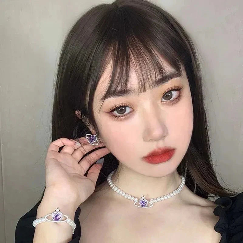 Lilac Heart Saturn Pendant Pearl Choker Necklace