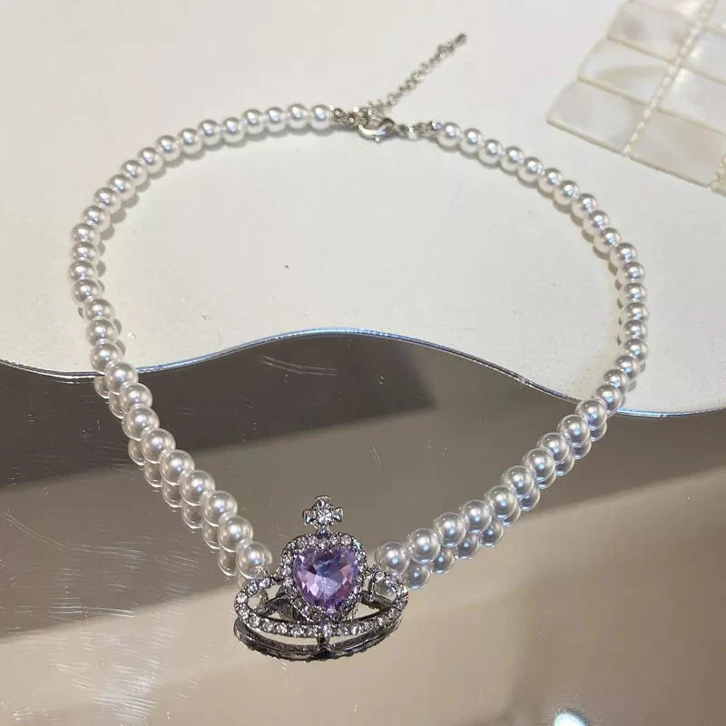 Lilac Heart Saturn Pendant Pearl Choker Necklace