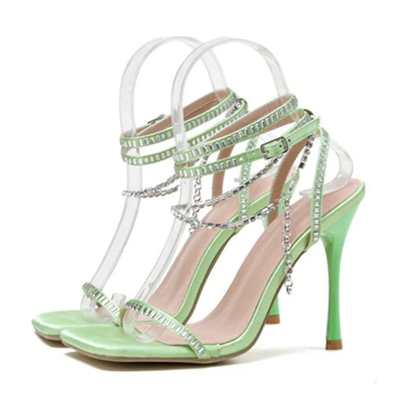 New Crystal Chain Ankle Strap Square Toe Rhinestone High Heel