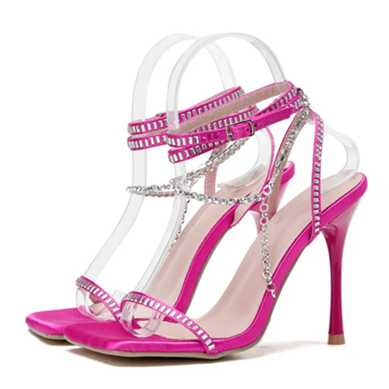 New Crystal Chain Ankle Strap Square Toe Rhinestone High Heel