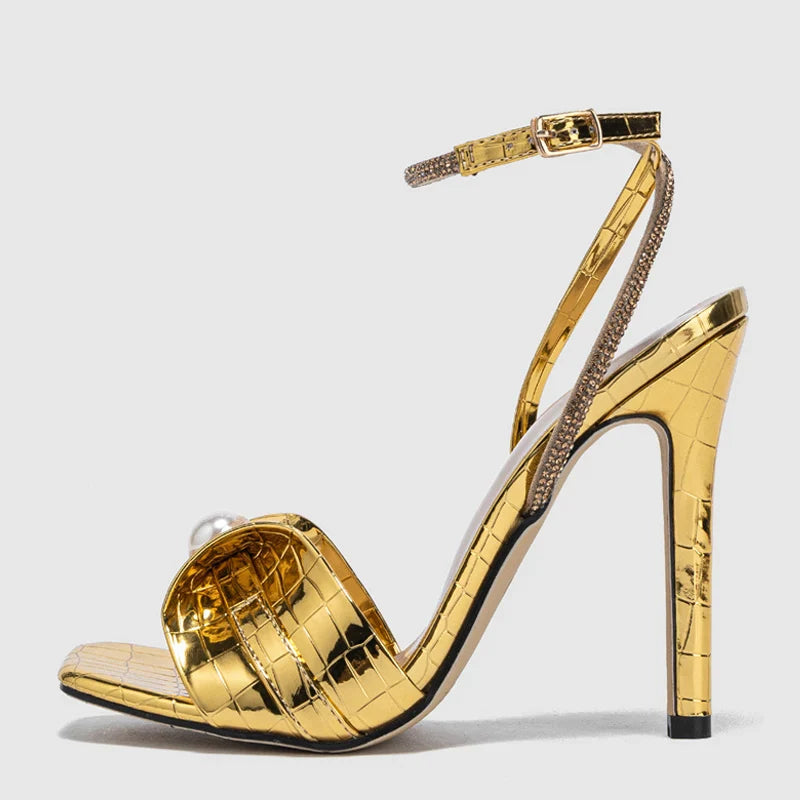 Bold Gold Snake Print Leather Square Toe High Heel