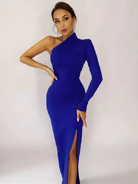 Summer One Shoulder Maxi Elegant Black Bodycon Dress