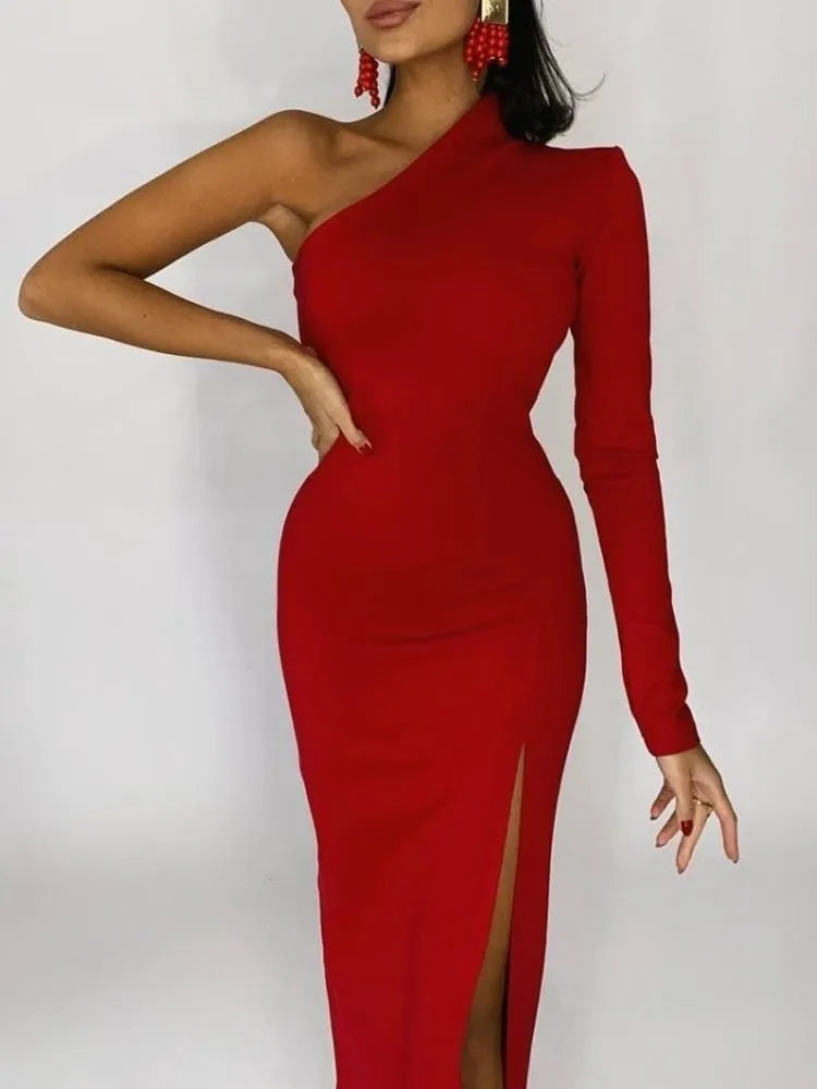 Summer One Shoulder Maxi Elegant Black Bodycon Dress