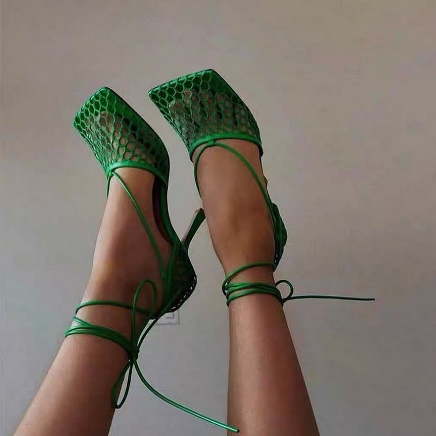 Lulu Square Toe Mesh Lace-Up Sandals - 4 Colors