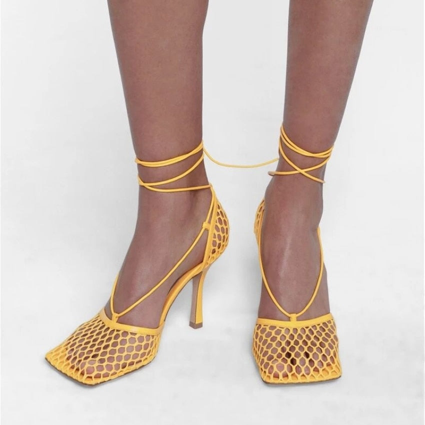 Lulu Square Toe Mesh Lace-Up Sandals - 4 Colors