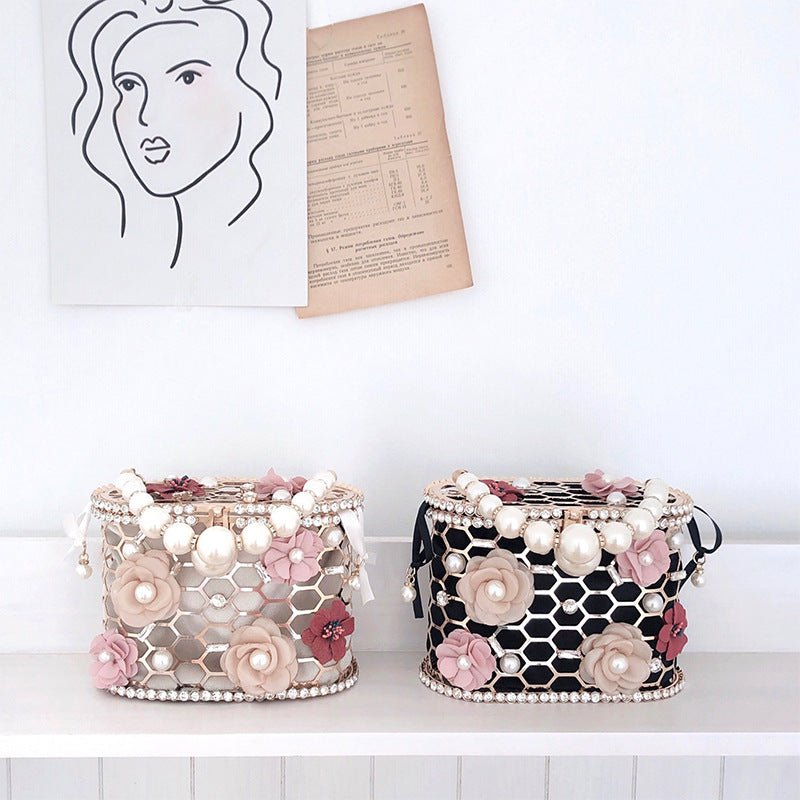 Wedding Clutch Purse Flower Pearl Handbag Rhinestone Bucket Bag