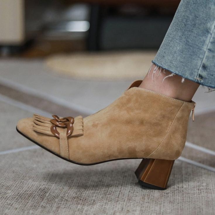 Marcie Vintage Fringed Buckle Suede Ankle Boots
