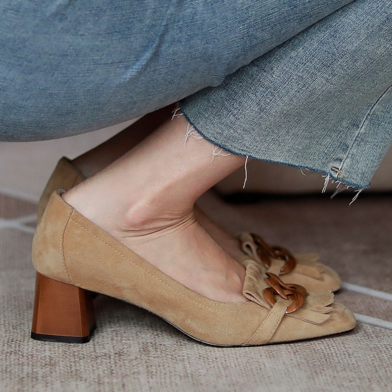 Masie Vintage Fringed Buckle Pumps