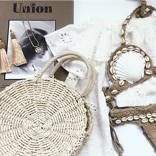 Mini Circle Straw Moroccan Market Tote w/ or w/o Tassels - 2 Colors