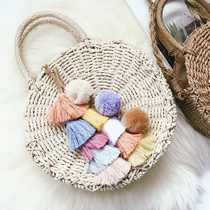 Mini Circle Straw Moroccan Market Tote w/ or w/o Tassels - 2 Colors
