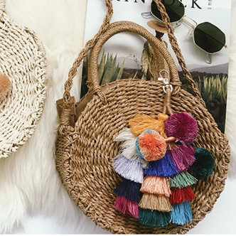 Mini Circle Straw Moroccan Market Tote w/ or w/o Tassels - 2 Colors