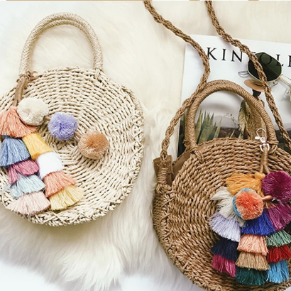 Mini Circle Straw Moroccan Market Tote w/ or w/o Tassels - 2 Colors
