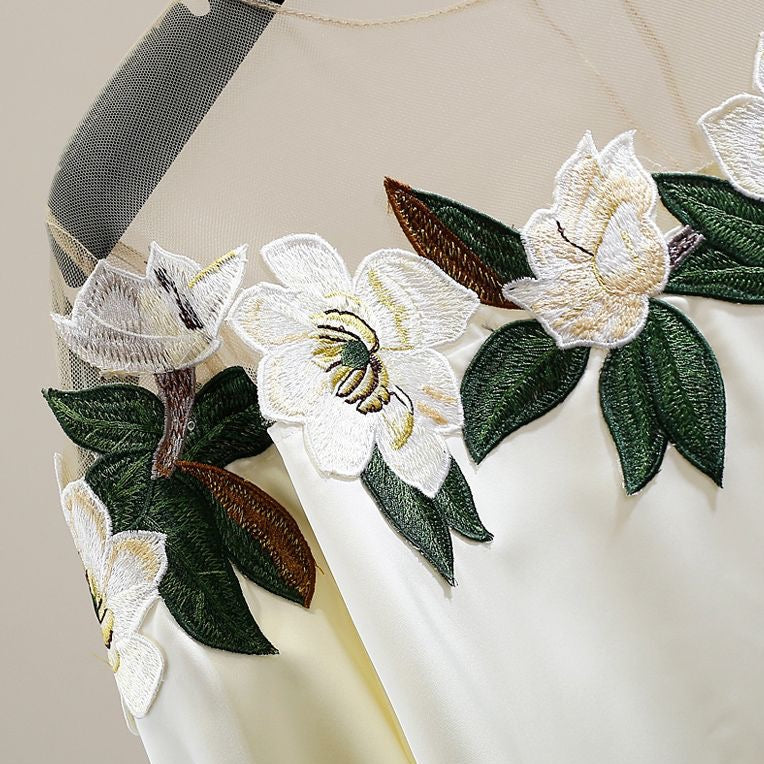 Moria Floral Embroidery Sheer Neck Blouse