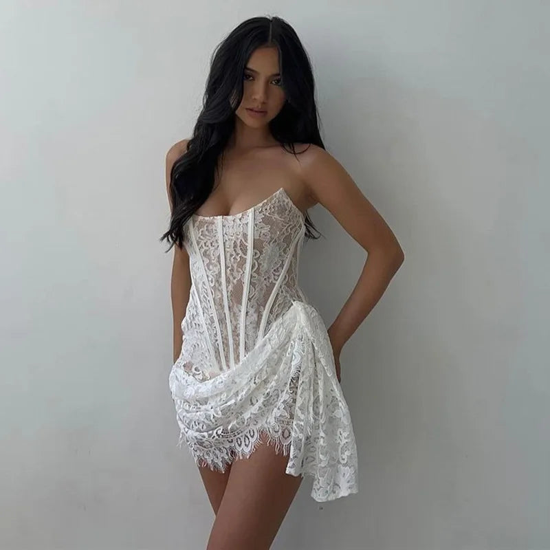 Off-shoulder Sleeveless Backless Club Party Lace Dress