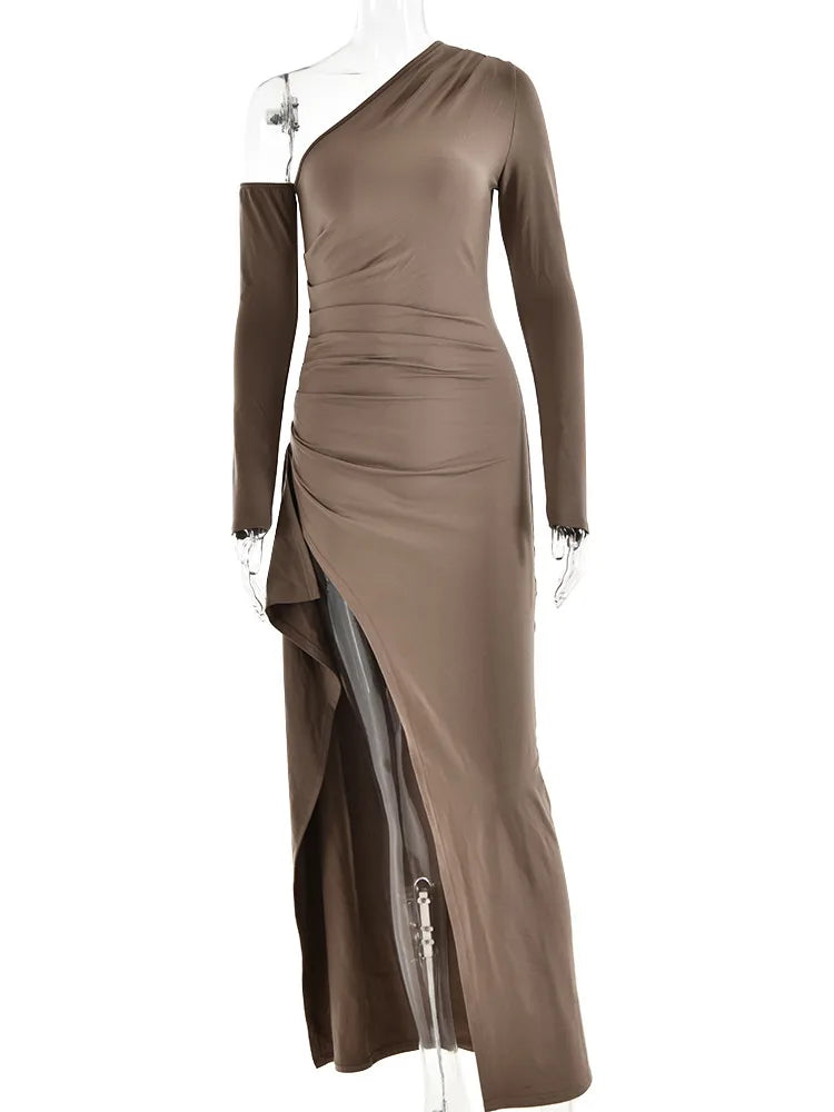 Mozision Oblique Shoulder Thigh High Split Long Sleeve Maxi Dress
