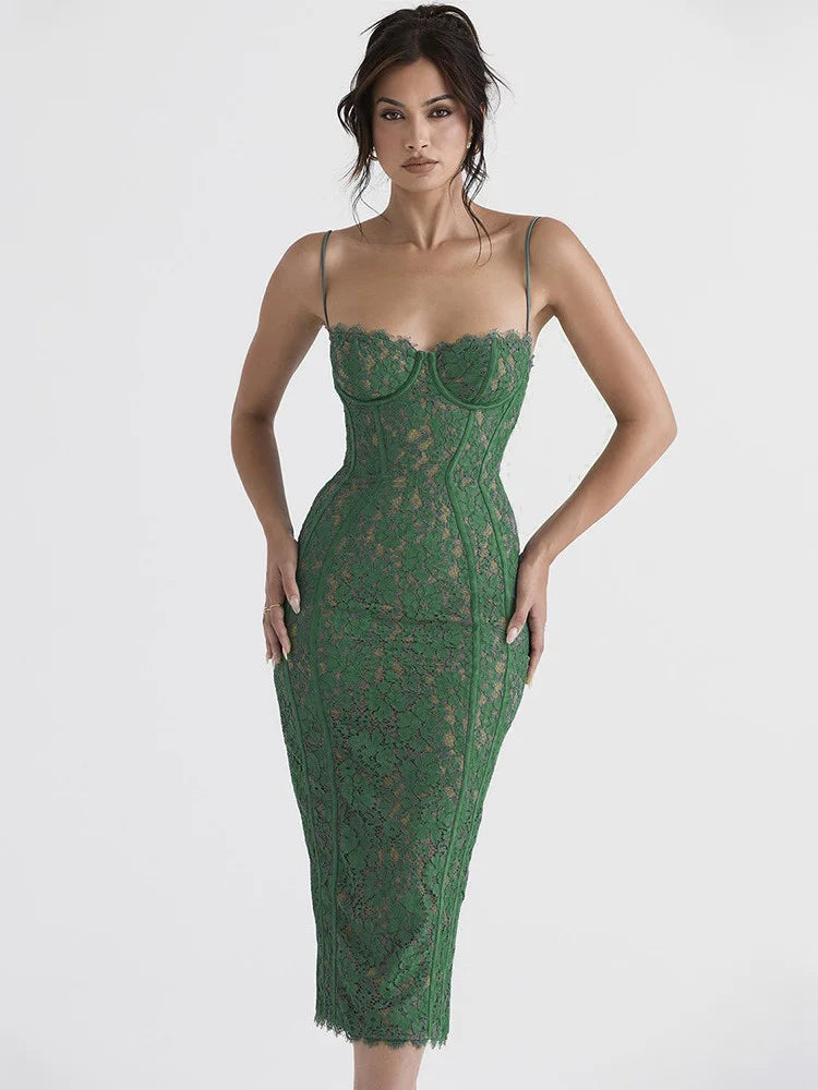 Spaghetti Strap Lace Green Floral Dress