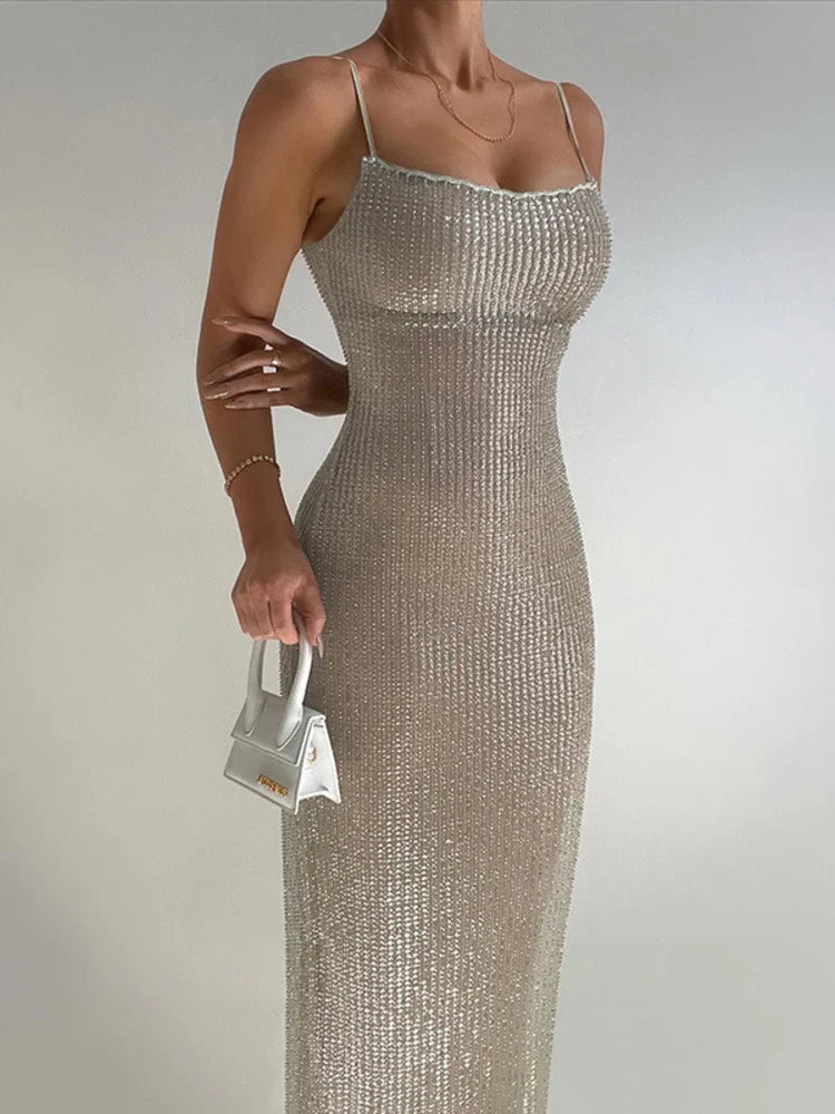 Elegant Glitter Sparkle Spaghetti Strap Sleeveless Maxi Dress