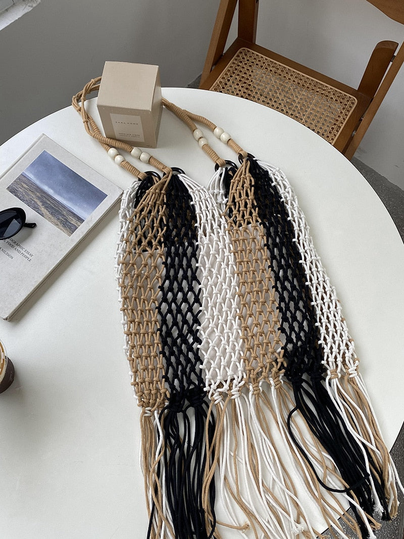 Multi-Color Striped Tassel Boho Net Bags - 2 Colors