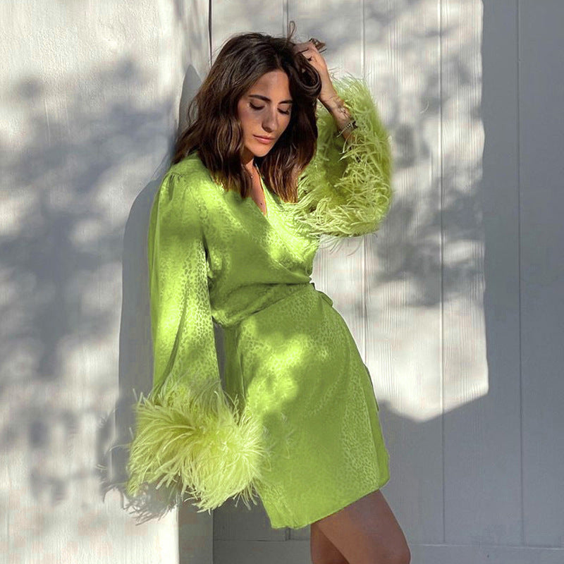 Lace-up Fur Sleeves V-neck Dress