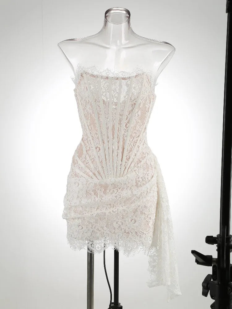 Fashion Solid Pleated Fishbone Evening Dress Birthday Lace Dress