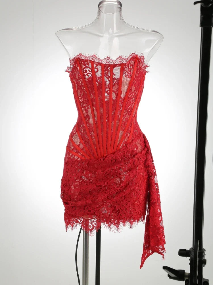 Fashion Solid Pleated Fishbone Evening Dress Birthday Lace Dress