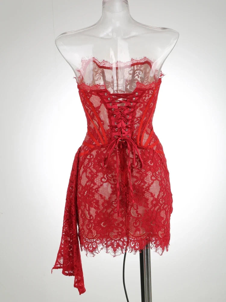 Fashion Solid Pleated Fishbone Evening Dress Birthday Lace Dress