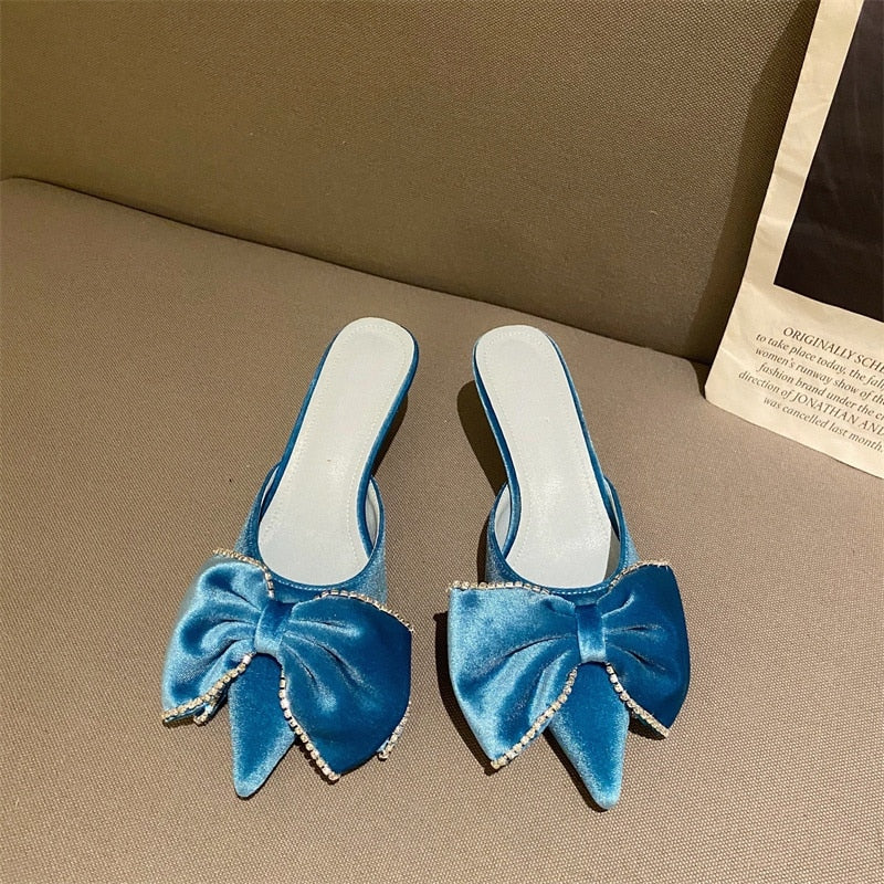 Paye Velvet Bow Tie Kitten Heel Sandals - 3 Colors