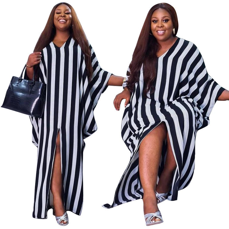 Plus Size Elegant Dresses Striped Print Split Party Fashion Batwing Sleeve