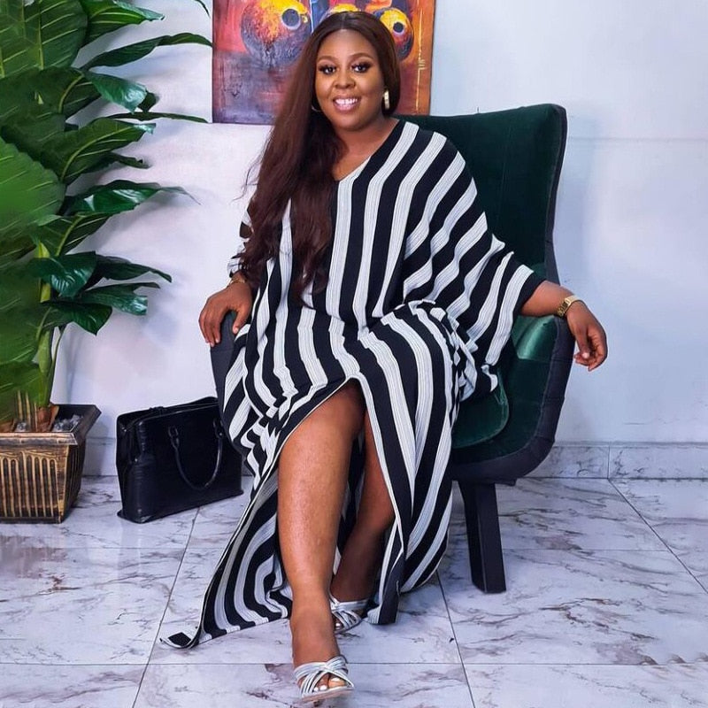 Plus Size Elegant Dresses Striped Print Split Party Fashion Batwing Sleeve