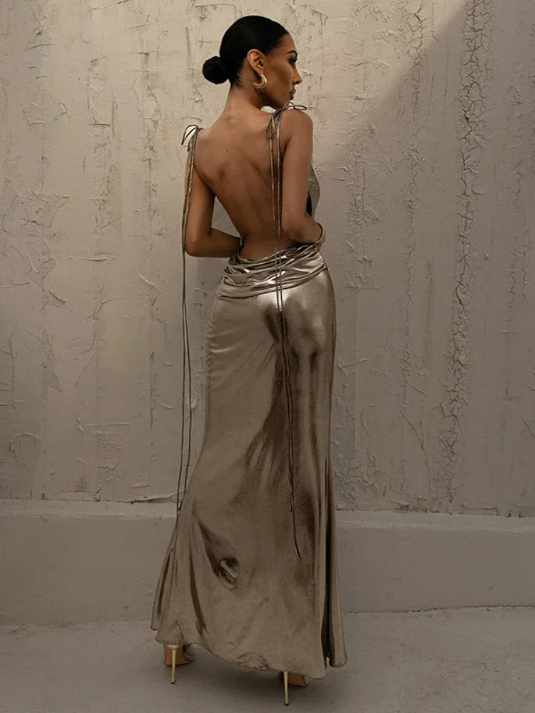 Sleeveless Backless Lace-Up Faux Leather Maxi Dress