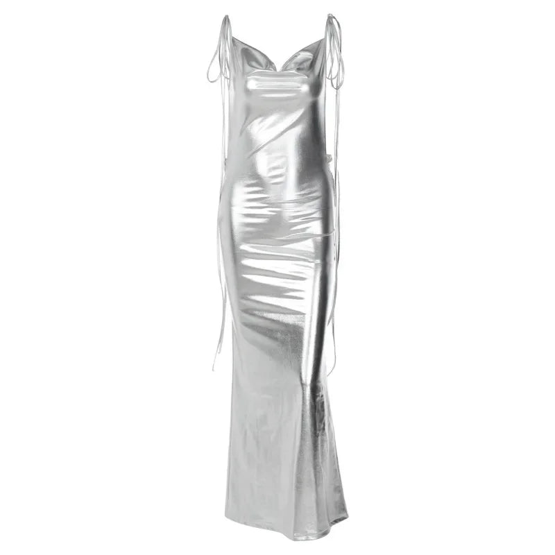 Sleeveless Backless Lace-Up Faux Leather Maxi Dress