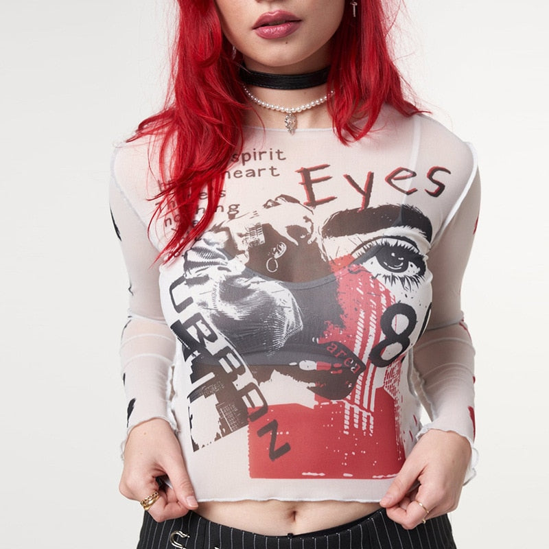 Punk Eyes Graffiti Prints Tissue Tops - 4 Colors
