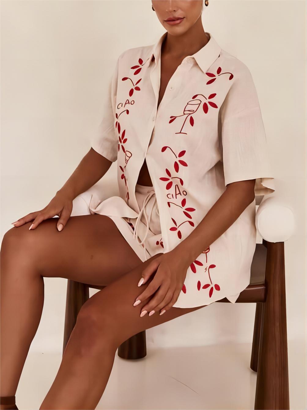 Square Collar Loose-Fitting Drop Sleeve Short Set