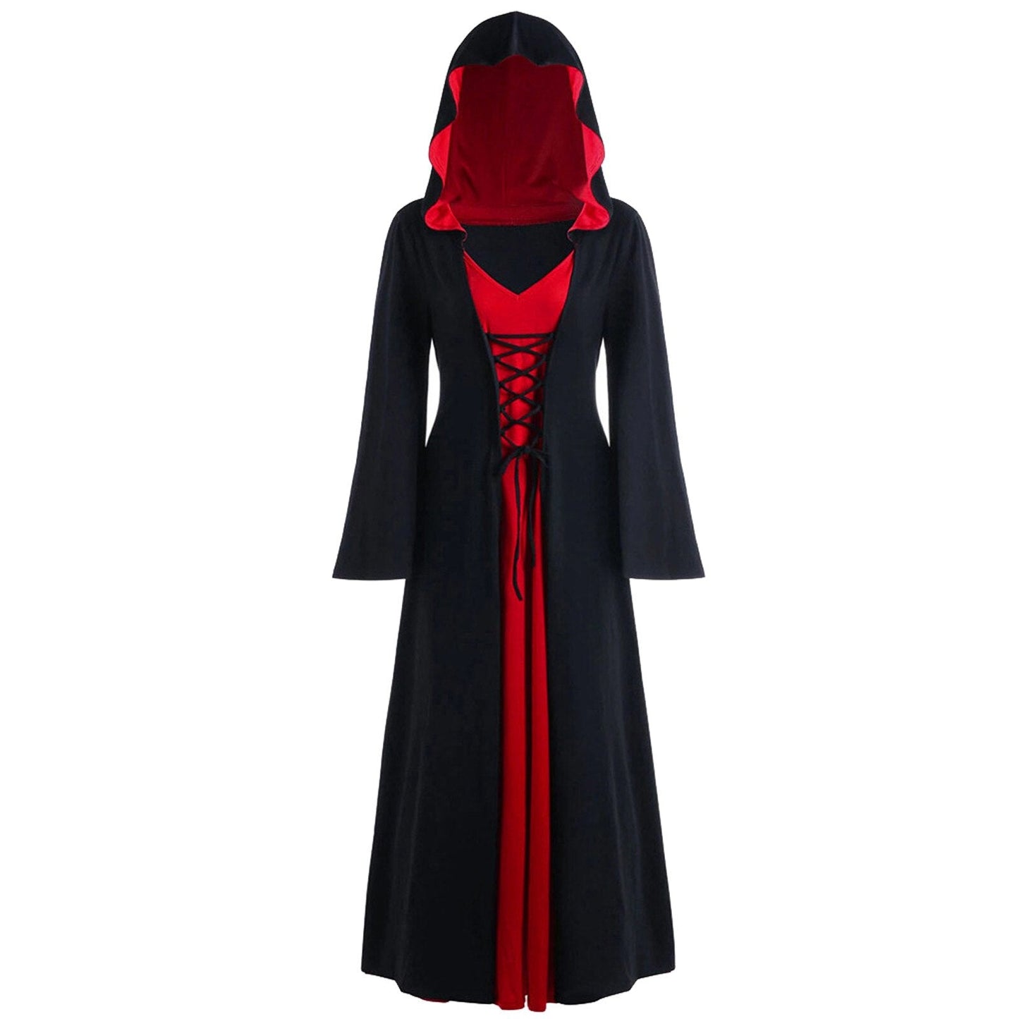 Retro Christmas Costume Plus Size Hooded Lace Up Patchwork Dress