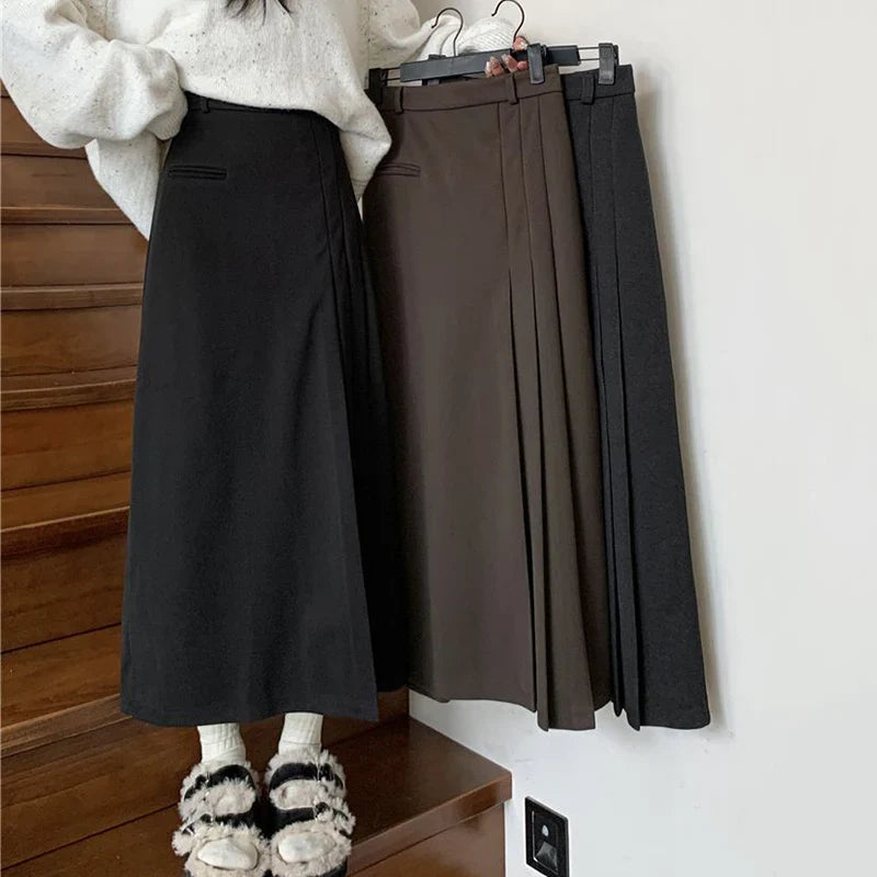 Vintage Pleated College Style High Waist A-Line Skirt