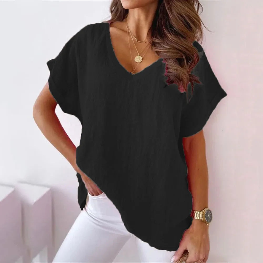Summer Loose V-Neck Khaki T-Shirt