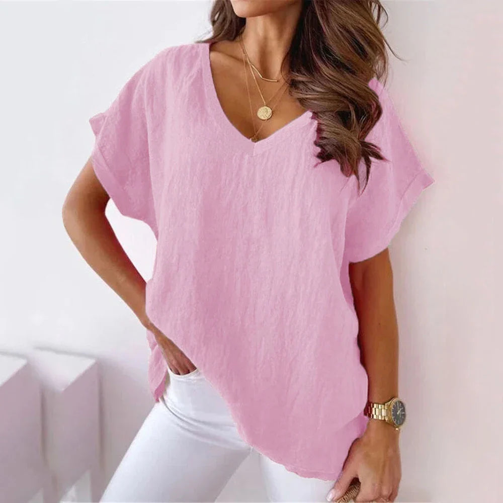 Summer Loose V-Neck Khaki T-Shirt