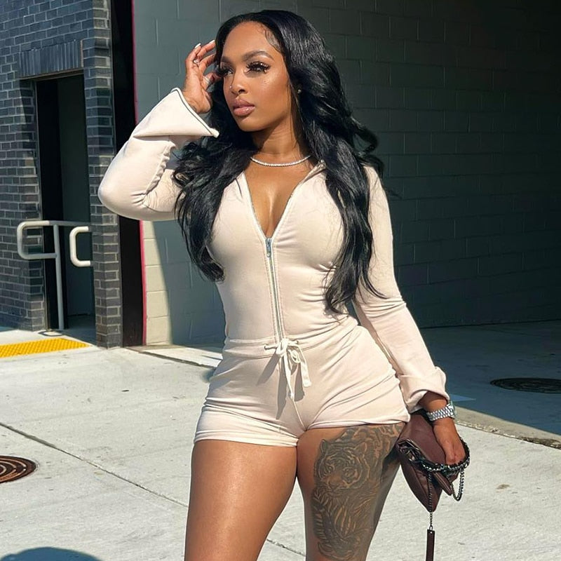 Long Sleeves Hooded Zip Up Romper