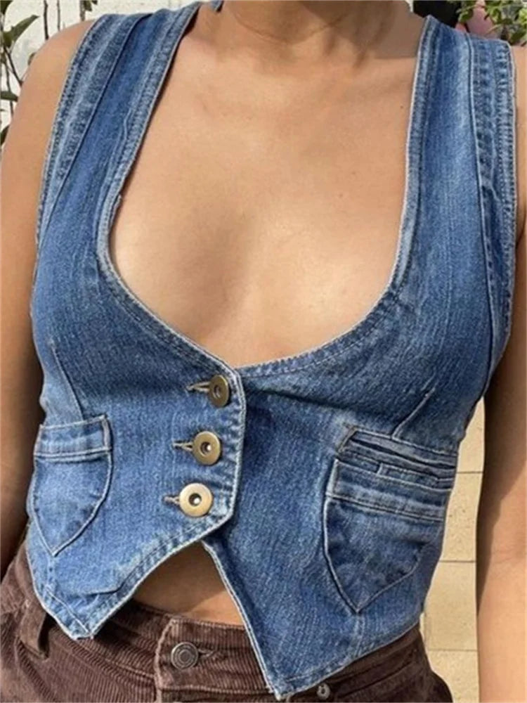 Denim Vest Sleeveless Deep V Neck Buttons Up Outwear Gilet with Pockets Casual Slim Exposed Navel Clubwear Crop Top