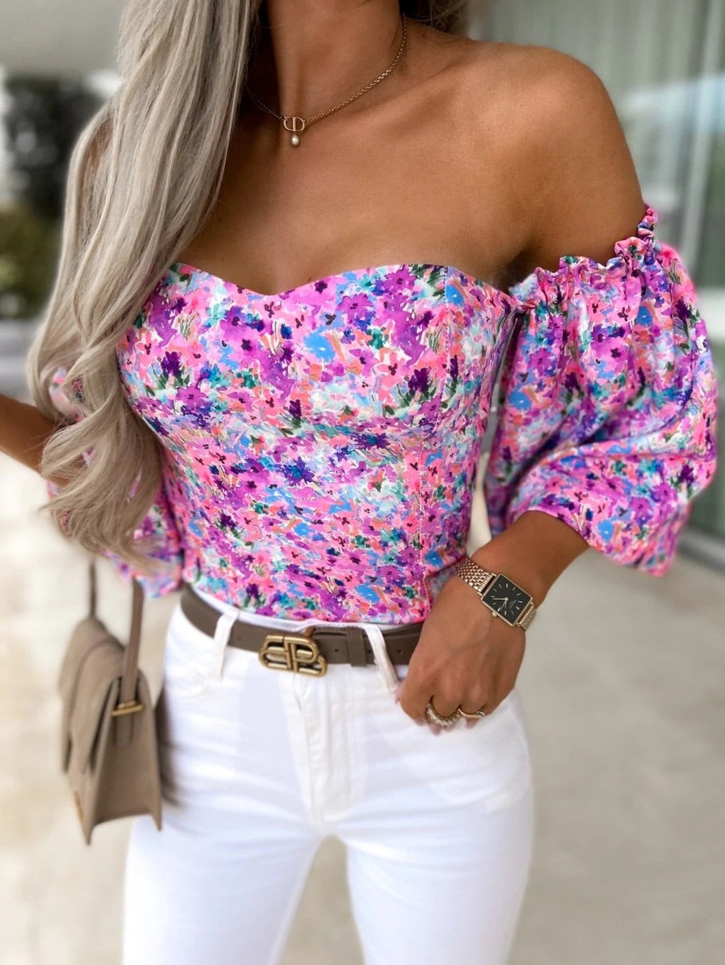 Top Summer Off Shoulder Floral Blouses Holiday Slash Neck Tops