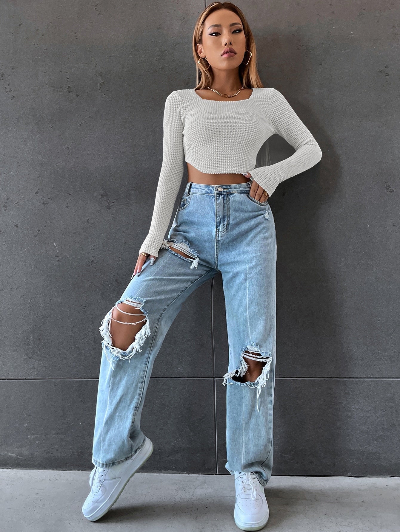 Long Sleeve Square Neck Knitted Crop Top Y2k T Shirts