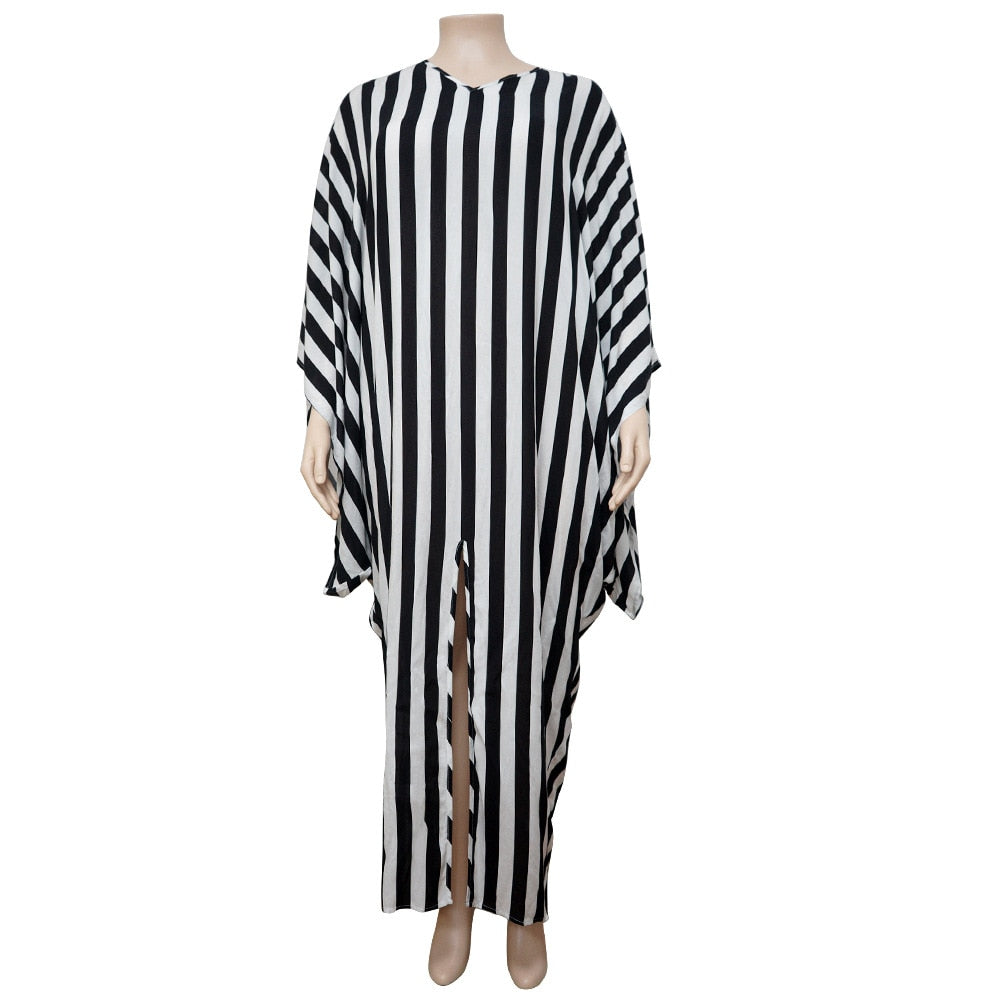Plus Size Elegant Dresses Striped Print Split Party Fashion Batwing Sleeve