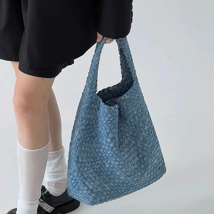 Izara Distressed Denim Serpentine Woven Totes
