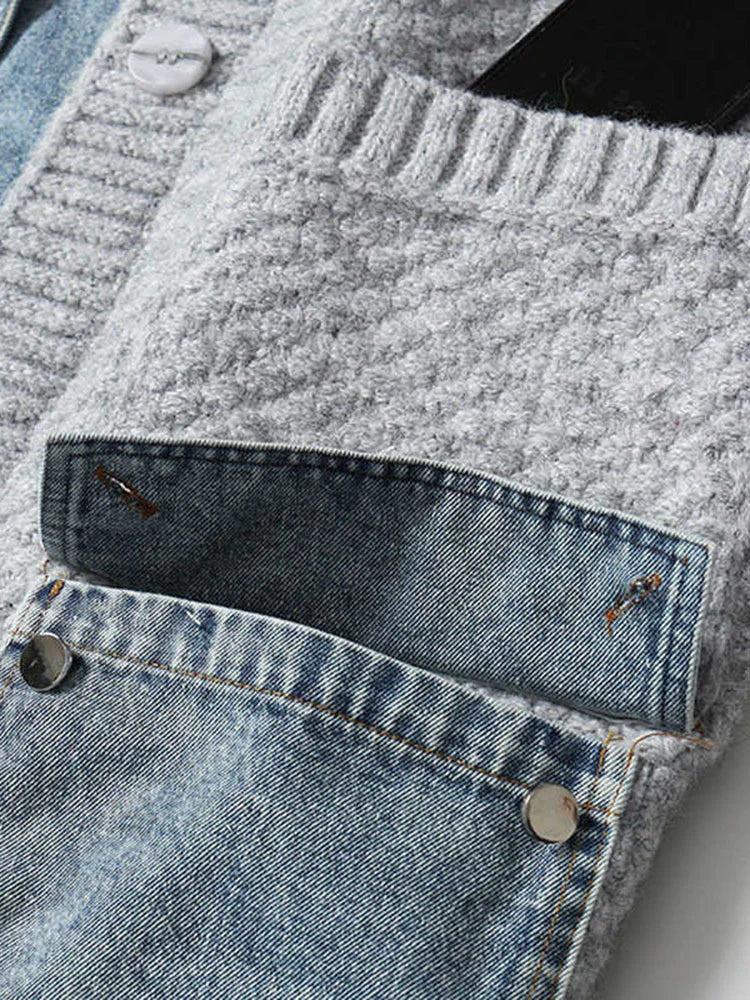 Yuke Denim Shirt Patchwork Grey Cardigan Jacket