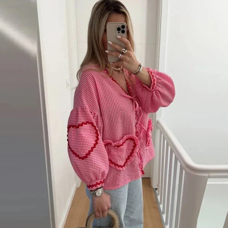 Claire Heart Applique Gingham Shirt Blouse