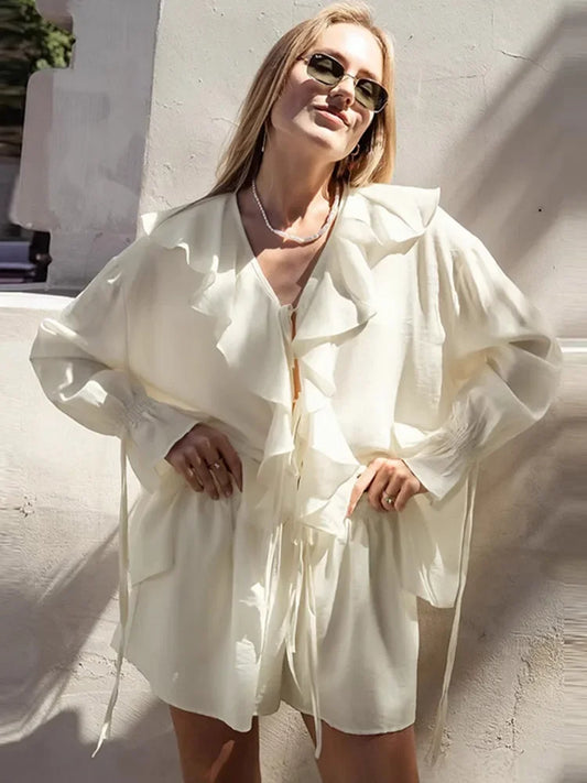 Ruffle Lace Up Chiffon Shorts Knit Set