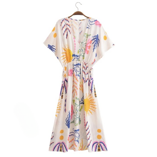 Palm Print Batwing Sleeve Maxi Dress