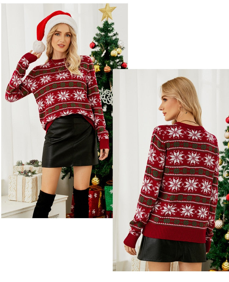 Long Sleeve Small Snowflake Slim Red Christmas Print Sweater Knit JumperPullover Sweater