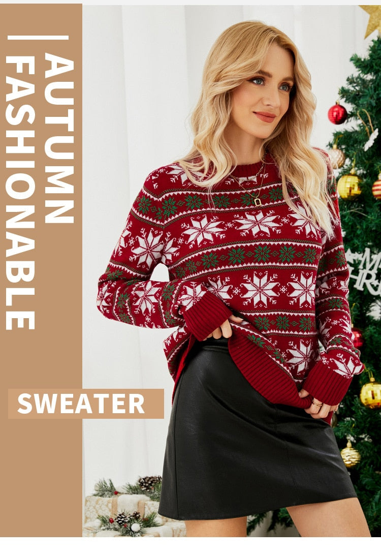 Long Sleeve Small Snowflake Slim Red Christmas Print Sweater Knit JumperPullover Sweater
